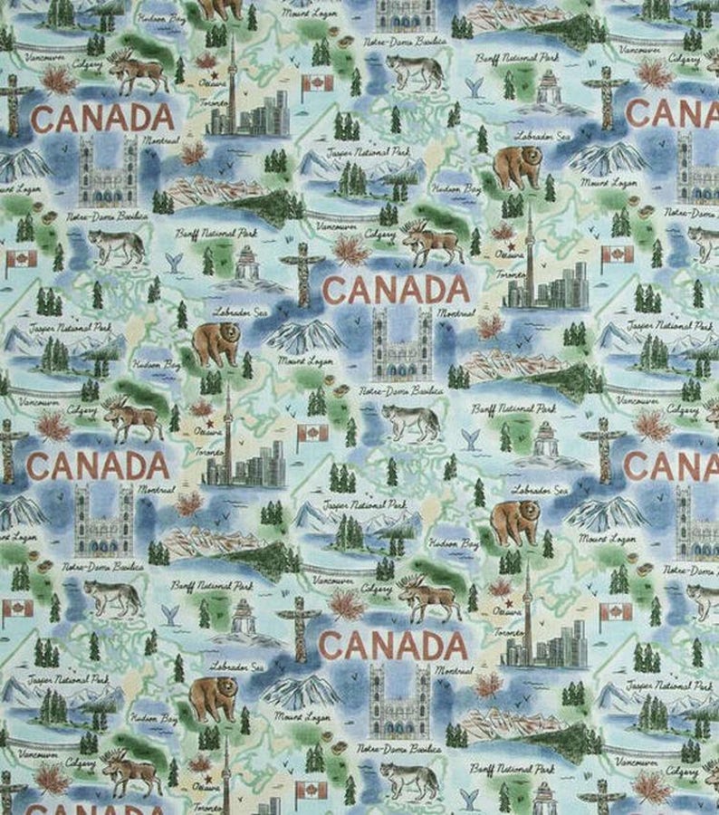 May include: A light blue fabric with a repeating pattern of a map of Canada. The design includes illustrations of landmarks, wildlife, and the word "CANADA" in a brown font. The fabric also features the Canadian flag.