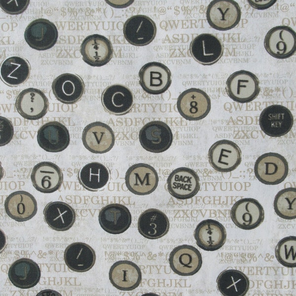 Typewriter Keys & Text Fabric - Alphabet - Writing - Typing - Vintage Look - Antique Style - 100% Lightweight Cotton Canvas