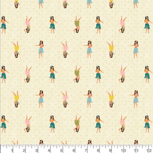 May include: Fabric with a repeating pattern of cartoon hula dancers in various poses. The dancers wear colorful outfits in shades of pink, yellow, and teal. The background is a light beige with small, evenly spaced dots.