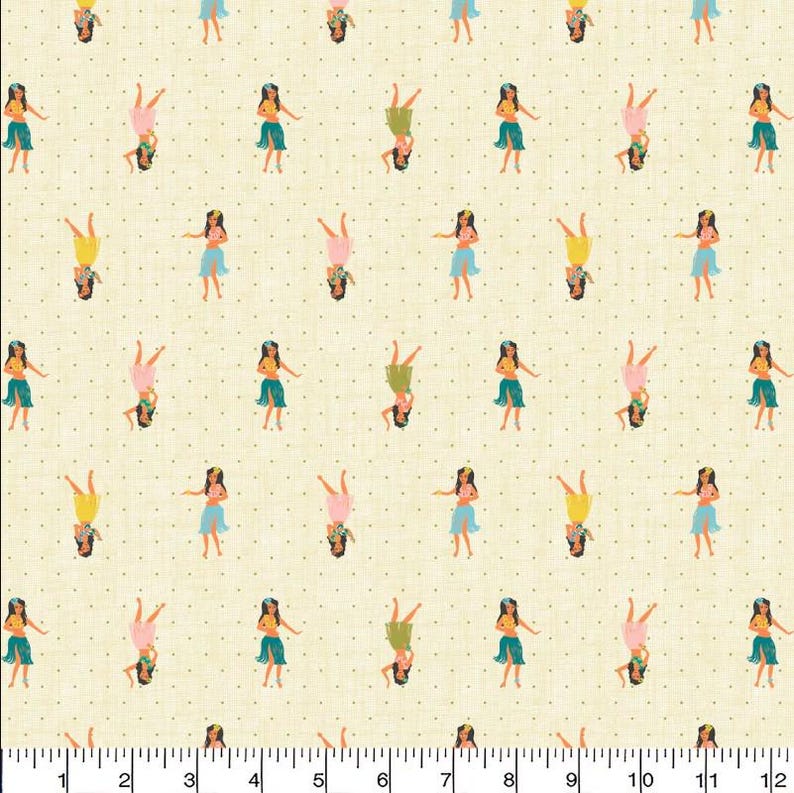 May include: Fabric with a repeating pattern of cartoon hula dancers in various poses. The dancers wear colorful outfits in shades of pink, yellow, and teal. The background is a light beige with small, evenly spaced dots.