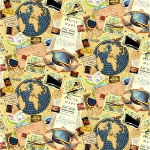 May include: A vintage travel themed fabric with a repeating pattern of globes, maps, compasses, airplanes, ships, and postcards. The fabric is beige with brown, blue, and red accents. The text on the fabric reads "ROUTE MAPS READS MILEAGE HIGHWAY NUMBERS" and "we arrived at last".