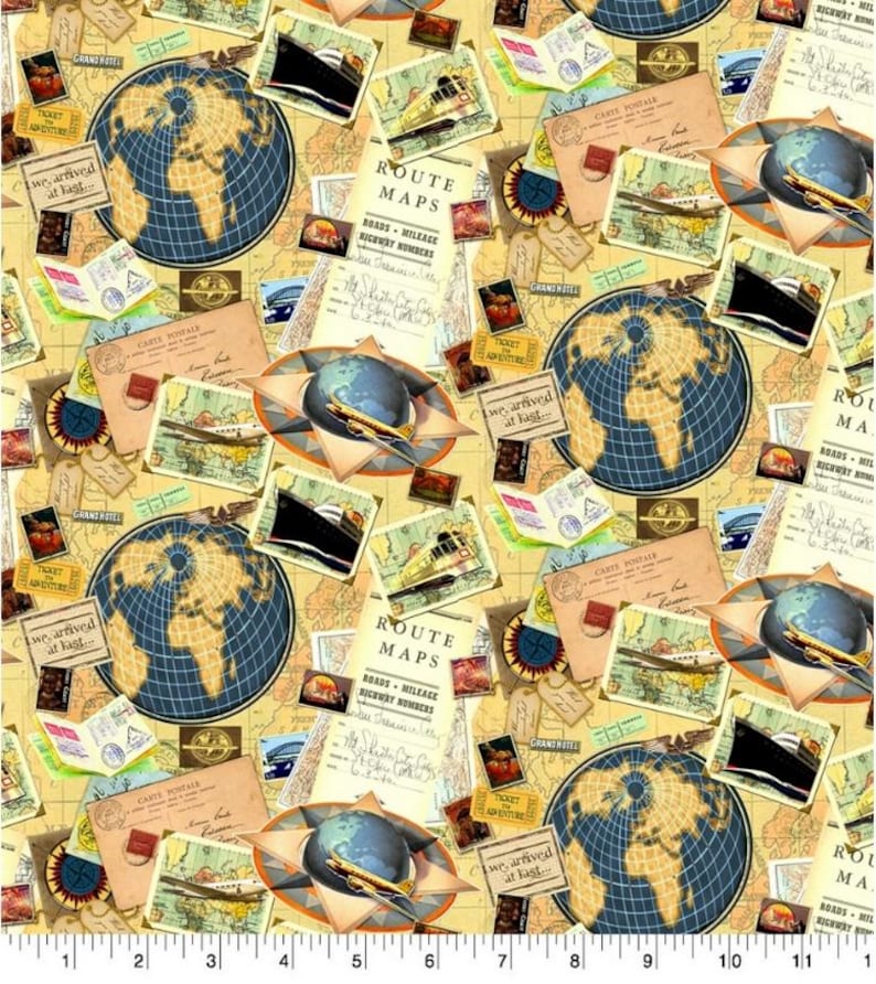 May include: A vintage travel themed fabric with a repeating pattern of globes, maps, compasses, airplanes, ships, and postcards. The fabric is beige with brown, blue, and red accents. The text on the fabric reads "ROUTE MAPS READS MILEAGE HIGHWAY NUMBERS" and "we arrived at last".