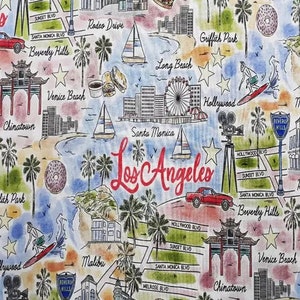 Los Angeles City Fabric - California - Malibu - Hollywood - Beverly Hills - Santa Monica - Vacation - Landmarks - 100% Lightweight Cotton