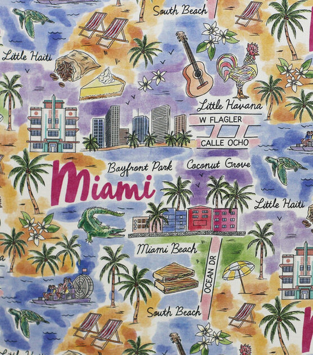 Miami City Fabric South Beach Landmarks Beach Florida Etsy