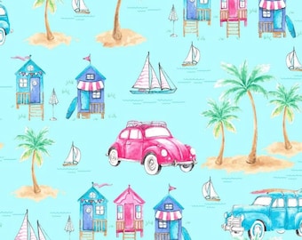 REMNANT, 15 inches, Surfside Fabric: Beach, Sailboats, Cabanas, Palm Trees, 100% Lightweight Cotton