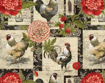 French Country Roosters Fabric: Chickens, Roses, Farm, France, Provence, 100% Lightweight Cotton
