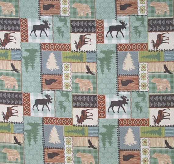 Wildlife Patchwork Fabric: Camping, Wilderness, Bears, Moose, Nature Fabric, 100% Lightweight Cotton