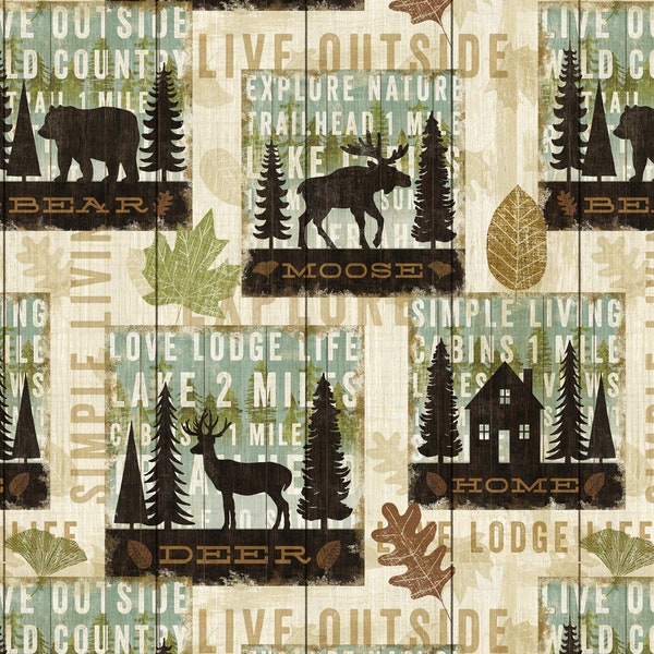 Lodge & Outdoor Life Fabric - Wilderness - Cabin - Hiking - Nature - Lakes - Bears - Moose - Rustic - 100% Lightweight Cotton