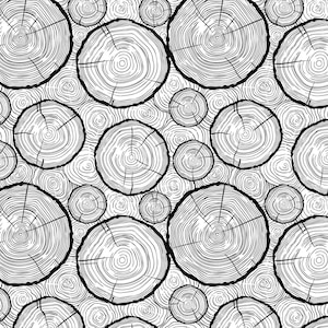 May include: Black and white seamless pattern of tree rings. The pattern features various sizes of tree rings, creating a natural and organic design.