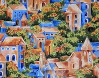 European Village Fabric: Old Houses, Churches, Trees, Historic, France, Italy, Spain, Portugal, 100% Lightweight Cotton