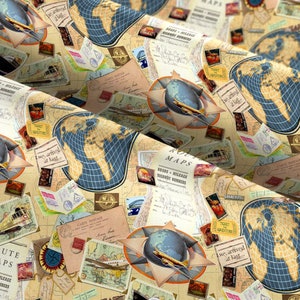 May include: A beige fabric with a vintage travel theme. The fabric features a repeating pattern of globes, maps, stamps, tickets, and other travel-related imagery. The fabric is perfect for crafting projects, quilting, and home decor.