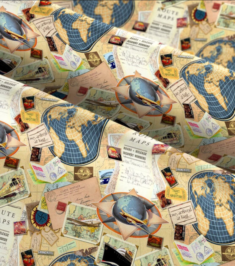 May include: A beige fabric with a vintage travel theme. The fabric features a repeating pattern of globes, maps, stamps, tickets, and other travel-related imagery. The fabric is perfect for crafting projects, quilting, and home decor.