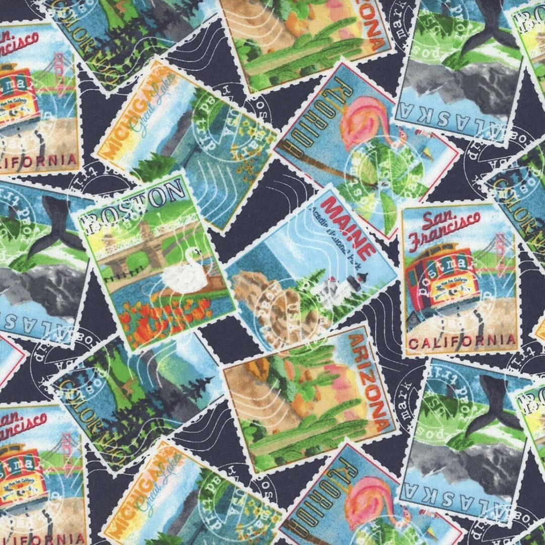 Stateside Stamps Fabric: by Blank Quilting, America, USA Postage ...