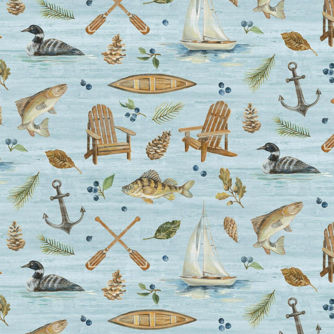 By the Lake Fabric Sailing Boats Fishing Canoes Anchors Paddling Ducks