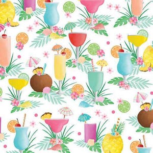 May include: A repeating pattern of tropical cocktails, including margaritas, mai tais, and piña coladas, with garnishes like orange slices, cherries, and cocktail umbrellas. The design features a white background with green palm leaves, pink flowers, and slices of lime.