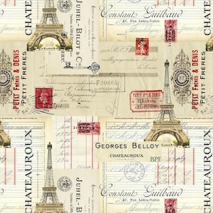 Tissu Rendezvous Paris - Timeless Treasures - Cartes postales - Timbres - Monuments - Tour Eiffel - Tissu France - 100 % coton léger