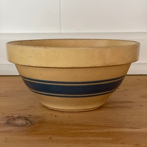 Antique Yellowware Small Bowl With Blue And White Stripes/Bands, Antique Stoneware Mixing Bowl
