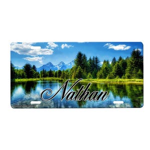 Mountain Scene Personalized Front License Plate with Custom Background Options