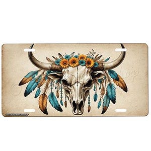 Boho Cow Skull Front License Plate with Custom Background Options