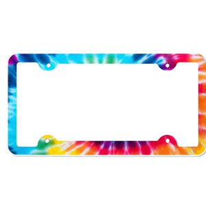 May include: A colorful tie-dye license plate frame with a white background. The frame has four holes for attaching to a license plate.