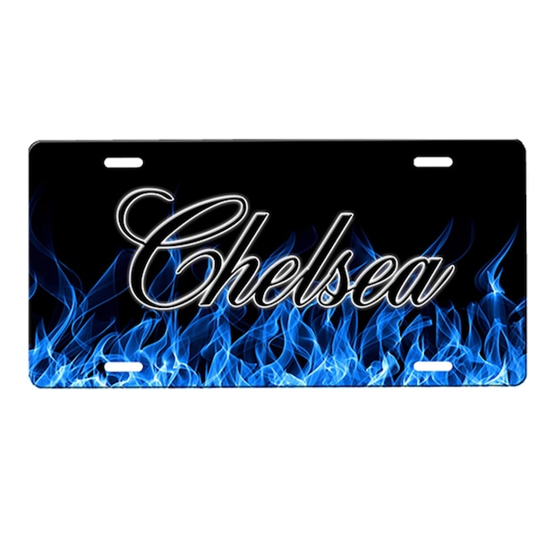 Blue Flames Personalized  License Plate with Custom Background Options