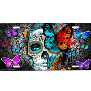 Sugar Skull Front License Plate with Custom Background Options
