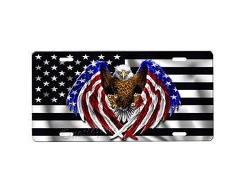 Black American Flag Eagle Front License Plate with Custom Background Options