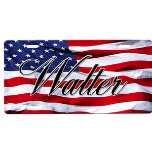 May include: A red, white, and blue American flag with the word "Walter" written in black cursive across the middle.