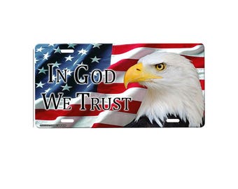 American Flag Eagle Front License Plate with Custom Background Options