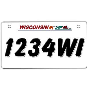 May include: White license plate with the word "WISCONSIN" in red and blue above the numbers "1234WI" in black. The license plate has a white border and two holes for mounting.