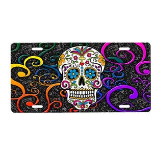 Sugar Skull Front License Plate with Custom Background Options