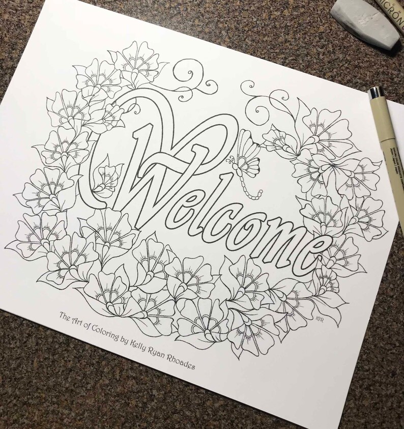 Floral Welcome sign coloring page printable digital download | Etsy