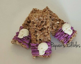 One Dozen Chocolate Rice Krispy Treats With White Chocolate Skulls By Papaw's Edibles  Halloween Treats~Free Shipping~Purple~Fall Desserts