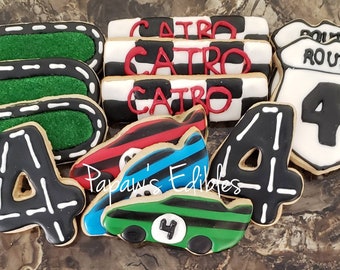 Sugar Cookies~One Dozen~Raceway Cookies~Papaw's Edibles~Birthday Cookies~Shipping Included~Car Cookies~Automobiles~Birthday Party Ccokies