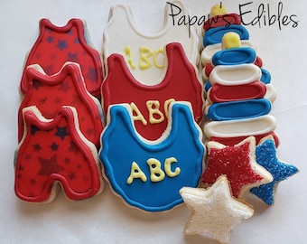 Sugar Cookies~Sprinkles~Papaw's Edibles~One Bakers Dozen  Cookies~Patriotic Baby Boy~Shipping Included~Baby Shower Cookies~Romper~Stars~Toys