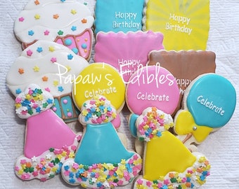 Sugar Cookies~One Dozen~Pastel Birthday Party Cookies~Sprinkles~Papaw's Edibles~Party Hats~Cupcakes~Shipping Included~Royal Icing