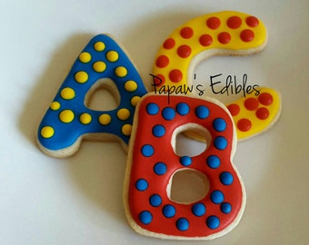 Sugar Cookies~One Dozen~ABC~Primary Colors~Papaw's Edibles~Handmade Cookies~Alphabet Cookies~Polka Dots~Online Bakery~Shipping Included
