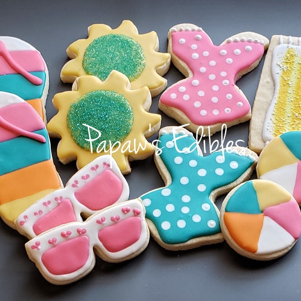 One Dozen "A Day At The Beach" Sugar Cookies~Papaw's Edibles~Summer Cookies~Beach Ball Cookies~Shipping Included~Flip Flop Cookies~Sprinkles