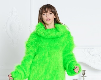 Neon Green Mohair Sweater, Cowl Neck Knitted Sweater T585