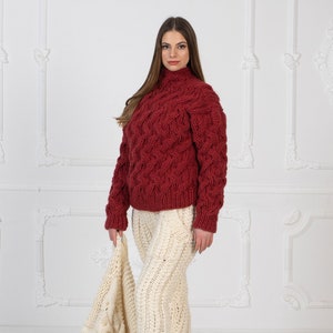 Chunky Wine Red Sweater, Cable Knit Wooly Jumper T972