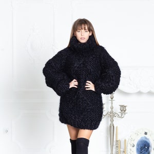 12 strands Black Mohair Sweater, Oversized Cream Turtleneck Pullover T589
