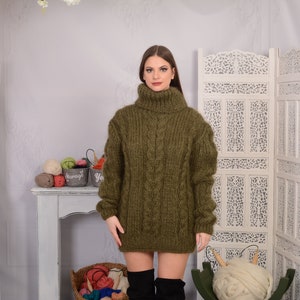 Olive GREEN Mohair Sweater Chunky Turtleneck Cable Knit - Etsy