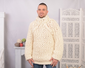 14 strands Chunky Knit Wool Sweater, Cream woolen Hand knit Pullover T707M