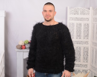 Black  Big neelde Knit Mohair Sweater, Fluffy sweater, See through sweater T700M