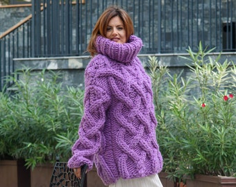 Pull en laine violette épaisse à 5 brins, pull en laine tricoté massif, pull câbles, pull énorme en laine T816