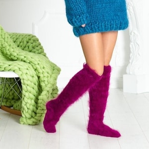 Pink Mohair Socks, Hand Knit Legwarmers, Fuzzy Socks, Fluffy Socks, Winter Socks, Warm Socks, Fetish Socks, Hand Knitted Socks  T615