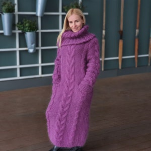 Purple Mohair dress, Hand Knit Dress, Fetish Mohair Dress, Sweater Dress, Turtleneck Dress, Maxi Dress, Knitted Cables Dress T943