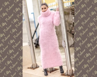 Pink Mohair Dress, Turtleneck Maxi Dress, Hand Knit Sweater Dress, T neck Mohair Dress, Chunky Mohair Dress, Fetish Dress, Winter Dress T418
