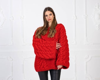 Red Cable Knit Woolen Sweater, 100 % Wool Jumper, Hand Knit Wooly Pullover T967