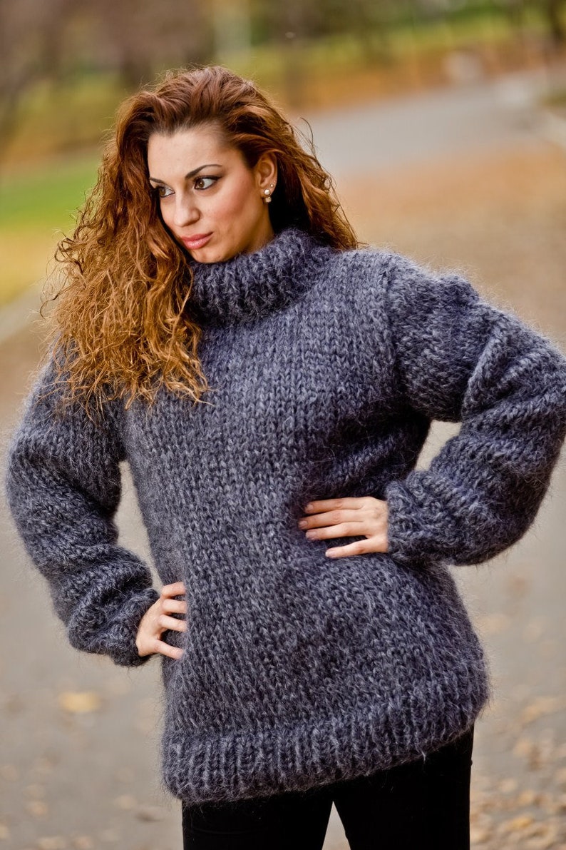 Gray Mohair Sweater, Turtleneck Sweater, Hand Knitted Sweater, Fluffy Sweater, Huge Oversized Sweater, Mohair Fetish, Chunky Sweater T203 image 2